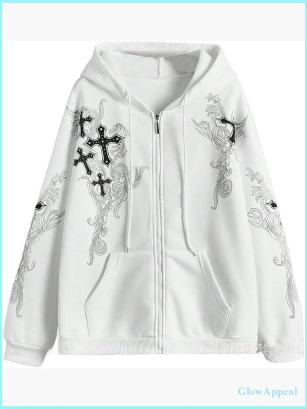 Oversized Zip Up Hoodie with Gothic Cross Graphic, Unisex Fleece Jacket